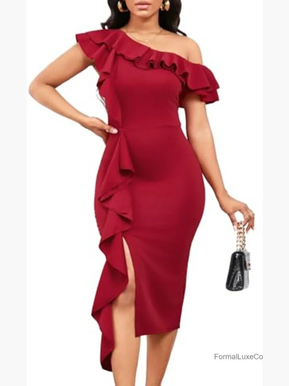 Long Sleeve Ruffle Pencil Dress with Belt - Picture 2 of 5